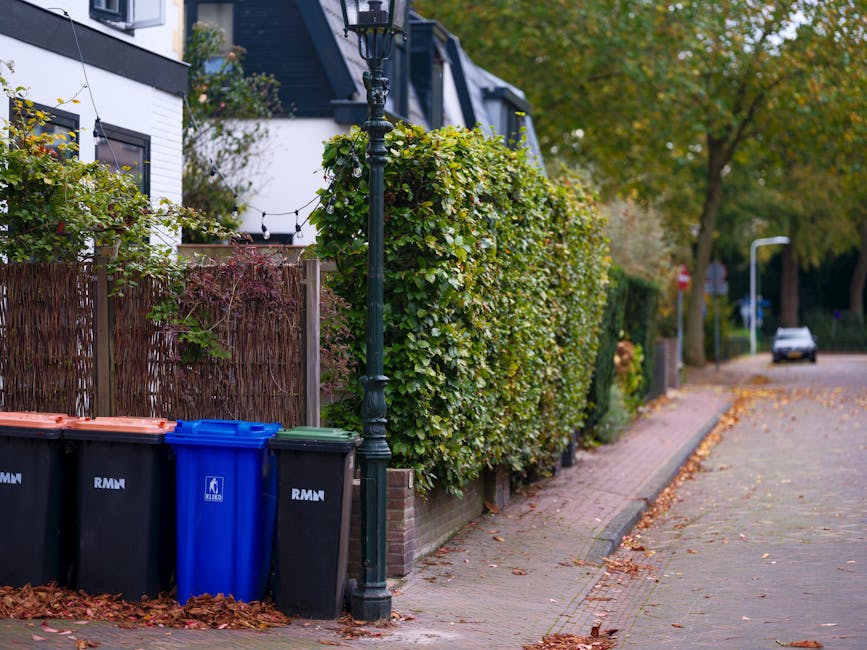 A row of four large wheelie bins positioned on the pavement beside a residential street. Two black bins with orange lid closures, one blue bin with a closed lid, and one dark green bin are arranged side by side, close to a black iron street lamp post. Behind the bins, there is a wooden fence and a tall, thick hedge featuring green and yellow leaves, indicating autumn. The street is lined with trees and fallen leaves are scattered along the curb and pedestrian path. In the background, a white modern house with dark window frames is partially visible, with rooftops and additional trees further along the street. The scene is lit with natural diffused daylight, evoking an autumnal atmosphere suitable for domestic waste collection or private rubbish removal services, consistent with the context of an independent rubbish clearance in a residential environment.